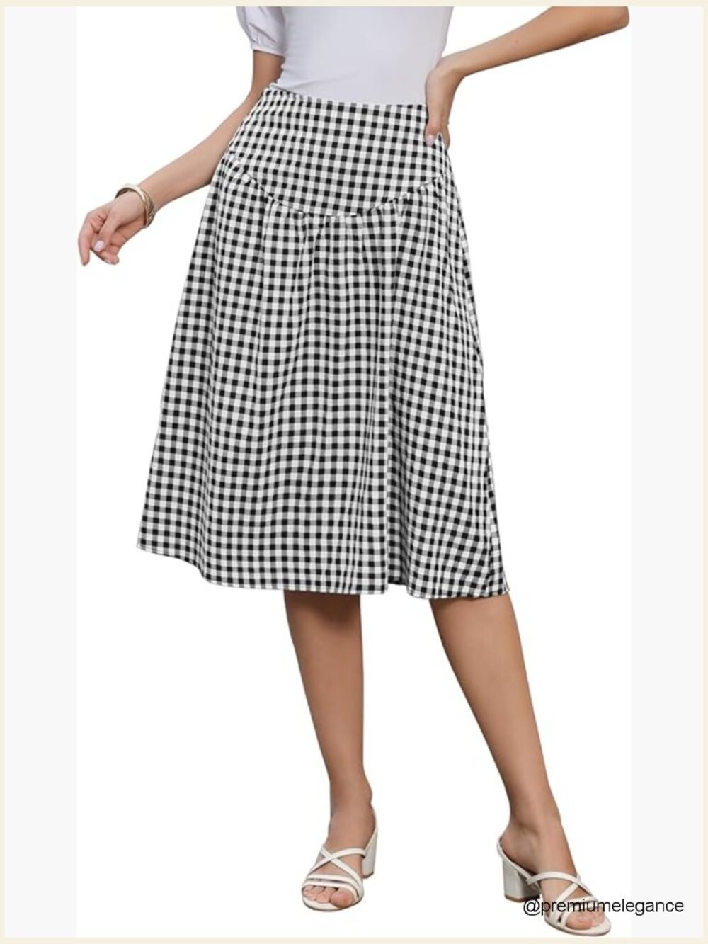 Vintage High Waist Gingham Midi Skirt Pull On Flared A-Line - Picture 1 of 6